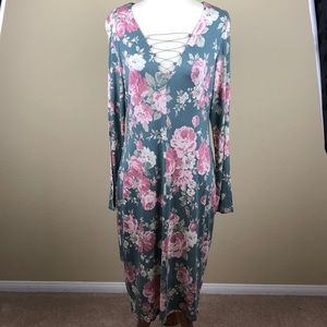 NWT Bold Elements Olive Floral Lace Up Dress - Size Large